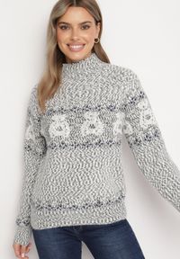 Born2be - Ciemnoszary Sweter z Wełną w Misiowy Wzór ze Ściągaczami Dorizelle. Okazja: na co dzień. Kolor: szary. Materiał: wełna. Styl: klasyczny, casual #6