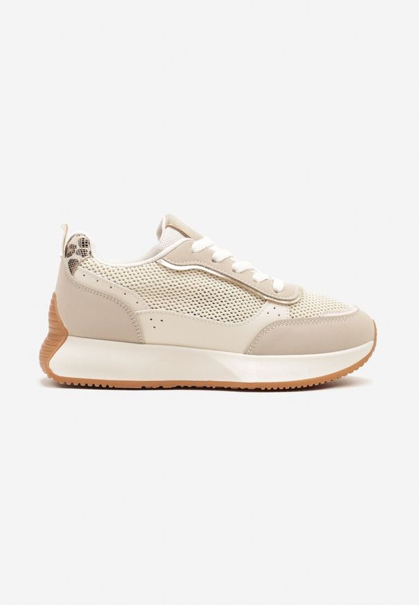Renee - Beżowe Sneakersy Ozdobione Geometrycznym Motywem Calgis. Nosek buta: okrągły. Zapięcie: sznurówki. Kolor: beżowy. Materiał: materiał. Wzór: aplikacja, geometria. Obcas: na obcasie. Wysokość obcasa: niski