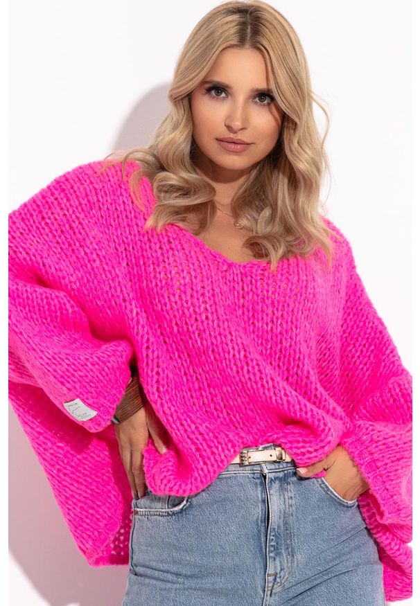 Fobya - Sweter Z Szerokim Dekoltem V- Różowy. Kolor: różowy. Materiał: wełna, poliester, akryl, poliamid