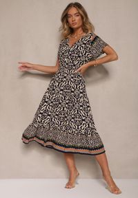 Renee - Granatowa Sukienka z Bawełny Ozdobiona Ornamentnym Motywem Fillena. Kolor: niebieski. Materiał: bawełna. Wzór: aplikacja #5