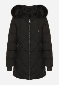 Born2be - Czarna Pikowana Kurtka z Kapturem z Futrem i Ściągaczami przy Rękawach Dacce. Okazja: na co dzień. Typ kołnierza: kaptur. Kolor: czarny. Materiał: futro. Styl: casual #2