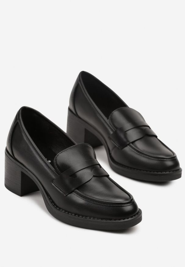 Renee - Czarne Półbuty Mokasyny na Słupku z Wkładką ze Skóry Naturalnej Tulacea. Okazja: na co dzień. Kolor: czarny. Materiał: skóra. Obcas: na słupku. Styl: casual, elegancki. Wysokość obcasa: średni