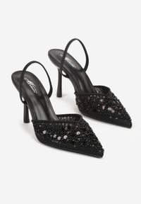 Renee - Czarne Szpilki Slingback Zdobione Perełkami i Cekinami Irifera. Okazja: na co dzień. Zapięcie: bez zapięcia. Kolor: czarny. Materiał: satyna, jeans. Wzór: aplikacja. Obcas: na szpilce. Styl: casual, elegancki #4
