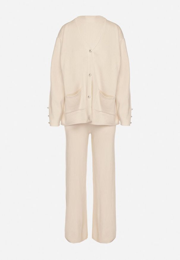 Born2be - Jasnobeżowy Dzianinowy Komplet z Bawełną Spodnie Kardigan i Bluzka z Golfem Ralinada. Kolor: beżowy. Materiał: bawełna, dzianina