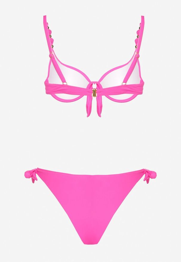 Renee - Fuksjowe Bikini Majtki i Biustonosz z Wiązaniem Sadeenne. Kolor: różowy. Wzór: aplikacja