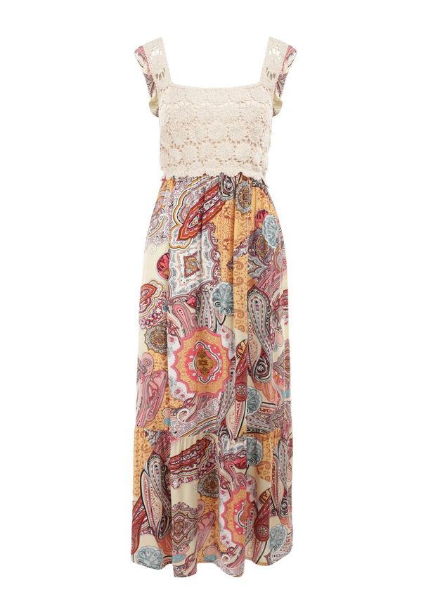 Born2be - Beżowo-Różowa Sukienka Missey. Typ kołnierza: kołnierz z falbankami, dekolt kwadratowy. Kolor: różowy. Materiał: wiskoza. Długość rękawa: na ramiączkach. Wzór: nadruk, haft, aplikacja. Sezon: lato. Długość: maxi