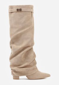 Born2be - Ciemnobeżowe Kozaki na Słupku z Marszczoną Cholewką Imitującą Nogawkę Rittia. Okazja: do pracy, na co dzień, na spotkanie biznesowe. Kolor: beżowy. Materiał: jeans. Szerokość cholewki: normalna. Obcas: na słupku. Styl: casual, elegancki, biznesowy #7