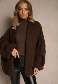 Renee - Brązowy Niezapinany Kardigan Nietoperzowy z Dodatkiem Wełny i Wiskozy Rallidia. Kolor: brązowy. Materiał: wełna, wiskoza. Wzór: gładki #2