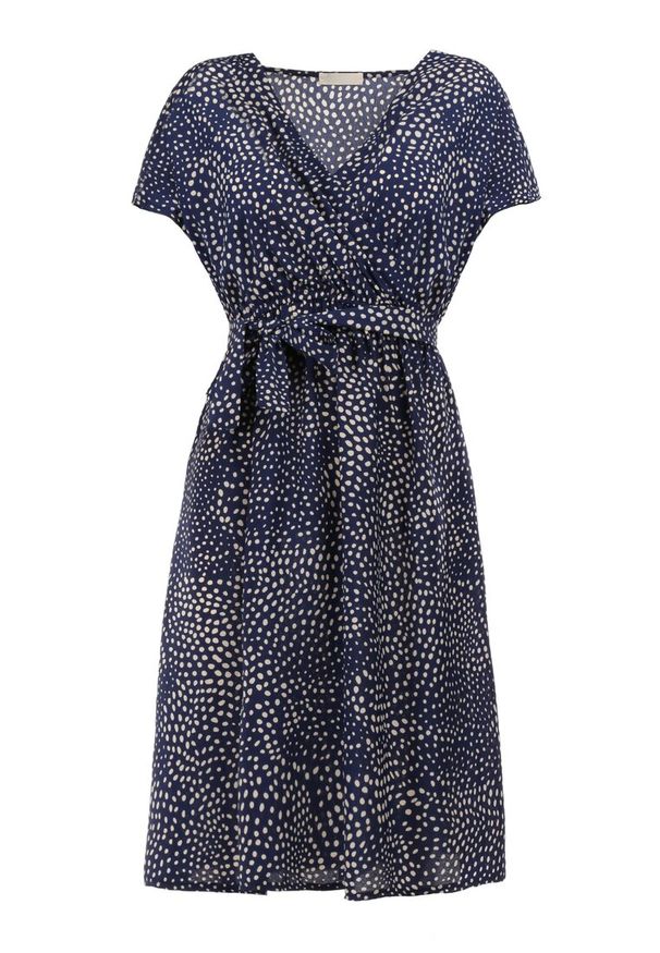 Born2be - Granatowa Sukienka Kepherine. Kolor: niebieski. Materiał: materiał, tkanina. Wzór: kropki. Typ sukienki: kopertowe. Długość: mini