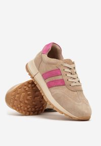 Renee - Beżowo-Fuksjowe Sneakersy ze Skóry Naturalnej z Paskami Kiarre. Okazja: na co dzień. Zapięcie: pasek. Kolor: beżowy. Materiał: skóra #5
