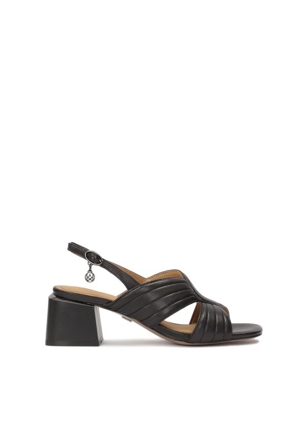 Kazar - Czarne skórzane sandały na niewysokim słupku. Zapięcie: pasek. Kolor: czarny. Materiał: skóra. Wzór: paski. Obcas: na słupku. Styl: elegancki. Wysokość obcasa: wysoki