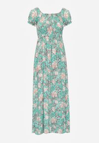 Renee - Zielona Kwiecista Sukienka o Rozkloszowanym Kroju z Marszczoną Górą Eliseria. Okazja: na imprezę. Typ kołnierza: dekolt w łódkę. Kolor: zielony. Materiał: materiał. Wzór: kwiaty. Typ sukienki: rozkloszowane. Styl: elegancki #6