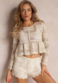 Renee - Beżowa Bluzka z Szydełkowej Bawełny z Ozdobną Falbaną Vemni. Okazja: na co dzień. Kolor: beżowy. Materiał: bawełna. Styl: casual