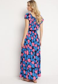 Born2be - Granatowo-Różowa Bawełniana Sukienka z Gumką Przy Dekolcie i w Talii Pietricea. Okazja: na co dzień, na randkę. Typ kołnierza: dekolt hiszpanka. Kolor: niebieski. Materiał: bawełna. Wzór: kropki. Sezon: lato. Typ sukienki: rozkloszowane. Styl: klasyczny, casual, elegancki #3