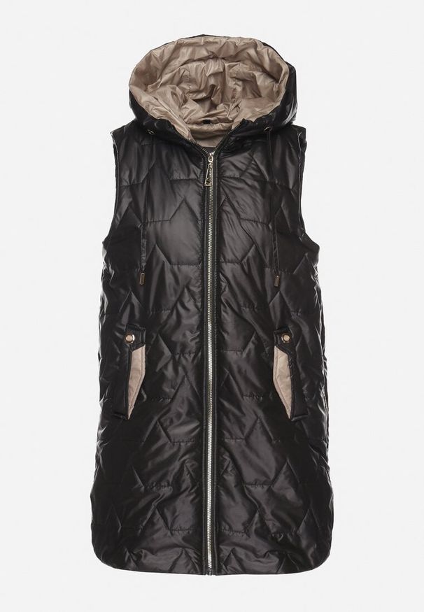 Born2be - Czarna Długa Kamizelka z Pikowaniem i Ozdobnymi Suwakami Desilla. Okazja: na co dzień. Kolor: czarny. Materiał: jeans. Długość: długie. Styl: casual