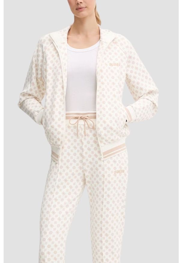 Guess - GUESS Kremowa rozpinana bluza damska w monogram Aggie, Rozmiar S. Okazja: na co dzień. Kolor: beżowy. Styl: elegancki, casual, sportowy
