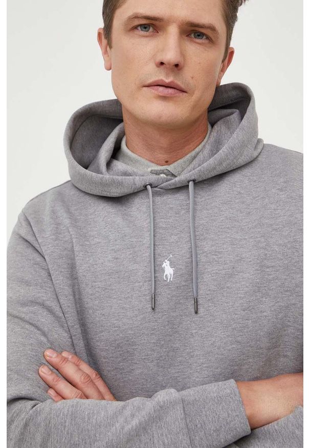 Polo Ralph Lauren bluza męska kolor szary z kapturem gładka. Typ kołnierza: kaptur, polo. Kolor: szary. Wzór: gładki
