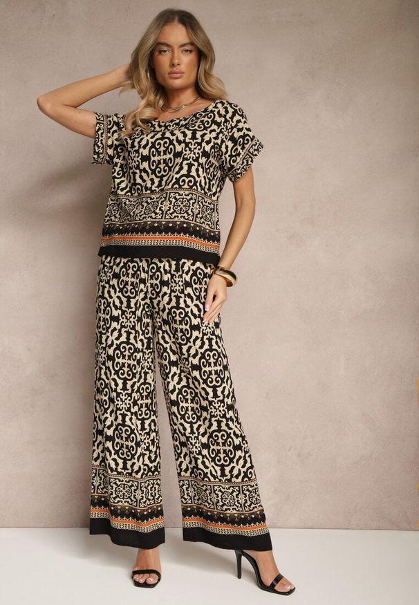 Renee - Czarny Komplet Spodnie i Bluzka z Bawełny w Ornamentalny Print Nanitria. Kolor: czarny. Materiał: bawełna. Wzór: nadruk