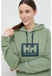 Helly Hansen bluza bawełniana kolor zielony z kapturem z nadrukiem. Okazja: na co dzień. Typ kołnierza: kaptur. Kolor: zielony. Materiał: bawełna. Wzór: nadruk. Styl: casual #3