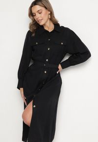 Born2be - Czarna Wiskozowa Sukienka o Koszulowym Kroju z Paskiem z Klamrą i Kieszeniami Lisavianna. Okazja: do pracy, na spotkanie biznesowe, na co dzień. Kolor: czarny. Materiał: wiskoza. Długość rękawa: długi rękaw. Typ sukienki: koszulowe. Styl: klasyczny, casual, elegancki, biznesowy #5