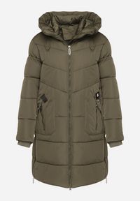 Born2be - Ciemnozielona Kurtka Pikowana z Kapturem i Suwakami po Bokach Lindrie. Okazja: na spacer, na co dzień. Typ kołnierza: kaptur. Kolor: zielony. Materiał: poliester, jeans, dzianina. Długość: długie. Styl: casual #2