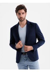 Ombre Clothing - Marynarka męska z naszywanymi kieszeniami - granatowa V1. Kolor: niebieski. Materiał: wiskoza, elastan, poliester, materiał. Styl: elegancki