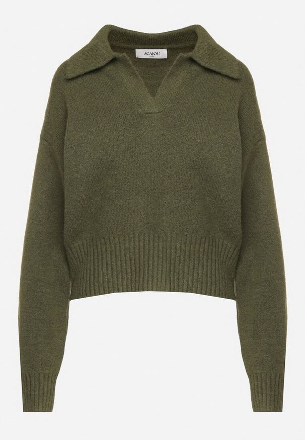 Born2be - Zielony Sweter o Krótkim Kroju z Kołnierzykiem i Dekoltem w Serek Valentarisa. Okazja: na co dzień. Typ kołnierza: dekolt w serek. Kolor: zielony. Materiał: jeans, bawełna. Długość: krótkie. Styl: klasyczny, elegancki, casual