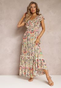 Renee - Beżowa Wiskozowa Sukienka Maxi z Pomponami i Gumką w Talii Belmona. Kolor: beżowy. Materiał: wiskoza. Wzór: aplikacja. Sezon: lato, wiosna. Długość: maxi