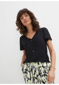 bonprix - Koszulka z plisą guzikową. Kolor: czarny. Styl: elegancki #1