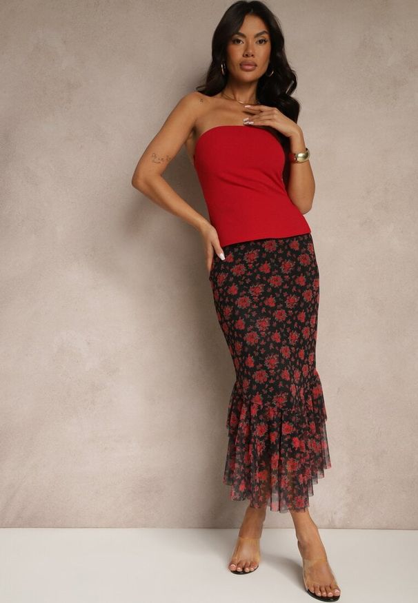 Renee - Czarno-Czerwona Dopasowana Spódnica z Ozdobną Falbaną Efravaria. Okazja: na spotkanie biznesowe, na co dzień. Kolor: czarny. Styl: casual, elegancki, biznesowy