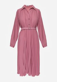 Renee - Fuksjowa Koszulowa Sukienka z Plisowanymi Zdobieniami i Paskiem z Klamrą Efrivelle. Okazja: na co dzień. Kolor: różowy. Długość rękawa: długi rękaw. Wzór: aplikacja. Typ sukienki: koszulowe. Styl: casual, elegancki, klasyczny #6