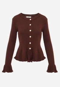 Renee - Brązowy Wiskozowy Kardigan w Prążki z Falbankami i Guzikami z Cyrkoniami Danareia. Okazja: na co dzień, na imprezę. Typ kołnierza: kołnierz z falbankami. Kolor: brązowy. Materiał: wiskoza. Wzór: prążki. Styl: casual #2