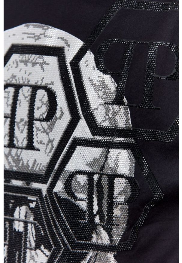 Philipp Plein - PHILIPP PLEIN Czarny t-shirt męski Round neck ss iconic plein. Kolor: czarny. Materiał: prążkowany, skóra. Wzór: aplikacja