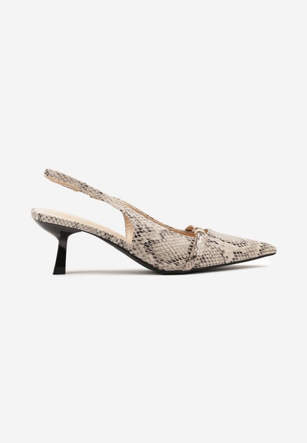 Renee - Beżowe Wężowe Lakierowane Sandały Slingback na Obcasie Kaczuszka Aovia. Okazja: na co dzień. Nosek buta: szpiczasty. Kolor: beżowy. Materiał: lakier. Obcas: na obcasie. Styl: elegancki, casual. Wysokość obcasa: średni