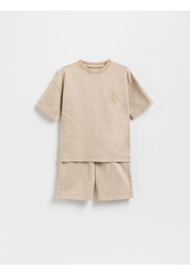 Reserved - Bawełniany komplet z szortami - beżowy. Kolor: beżowy. Materiał: bawełna