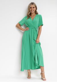 Born2be - Zielona Sukienka Plisowana Maxi z Wiązanym Paskiem Dianiza. Kolor: zielony. Materiał: materiał. Długość: maxi #4