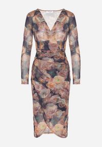 Born2be - Brązowo-Granatowa Sukienka Siateczkowa z Wiskozą o Kopertowym Kroju z Marszczeniem Bolsela. Okazja: na wesele, na randkę, na ślub cywilny, na imprezę. Kolor: brązowy. Materiał: wiskoza. Typ sukienki: kopertowe. Styl: klasyczny, elegancki #4