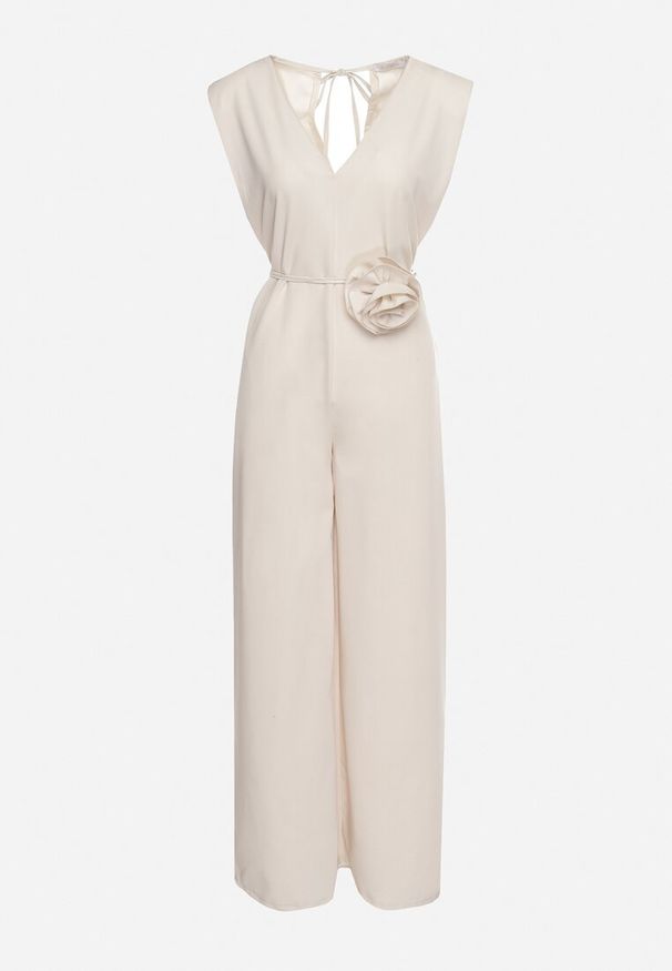 Born2be - Beżowy Wiązany Kombinezon z Prostymi Nogawkami i Wiskozą oraz Kwiatową Aplikacją Dimenna. Kolor: beżowy. Materiał: wiskoza. Wzór: aplikacja, kwiaty. Styl: elegancki