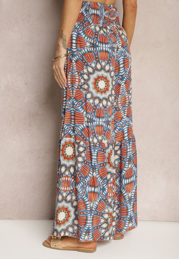 Renee - Niebiesko-Pomarańczowe Spodnie Typu Palazzo z Wiskozy High Waist z Gumką w Pasie Bistalia. Okazja: na co dzień. Stan: podwyższony. Kolor: niebieski. Materiał: wiskoza. Długość: długie. Styl: casual, wizytowy