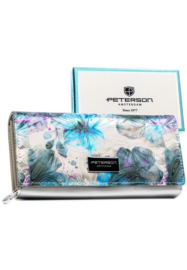 Duży portfel damski odszyty z wielokolorowej skóry naturalnej i ekologicznej, zamykany na zatrzask PTN PX20-1-NPK Peterson. Kolor: wielokolorowy