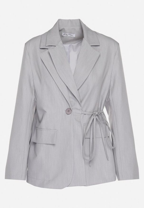 Born2be - Szara Marynarka z Ozdobnym Wiązaniem Lenirin. Okazja: na co dzień. Kolor: szary. Materiał: jeans. Styl: elegancki, casual