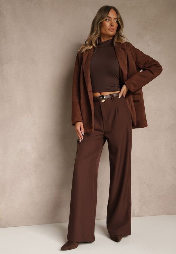 Renee - Brązowe Garniturowe Spodnie Wide Leg z Dodatkowym Paskiem Cintriane. Stan: podwyższony. Kolor: brązowy. Styl: elegancki