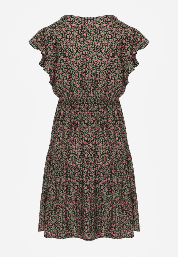 Born2be - Czarna Sukienka Diomanassa. Typ kołnierza: dekolt w serek. Kolor: czarny. Materiał: tkanina. Wzór: nadruk, kwiaty. Sezon: wiosna, lato. Długość: mini