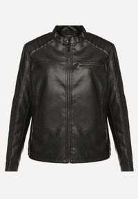 Born2be - Czarna Kurtka Ramoneska w Motocyklowym Stylu ze Stójką i Kieszeniami Zinmina. Okazja: na co dzień. Typ kołnierza: kołnierzyk stójkowy. Kolekcja: plus size. Kolor: czarny. Materiał: jeans. Styl: wizytowy, casual