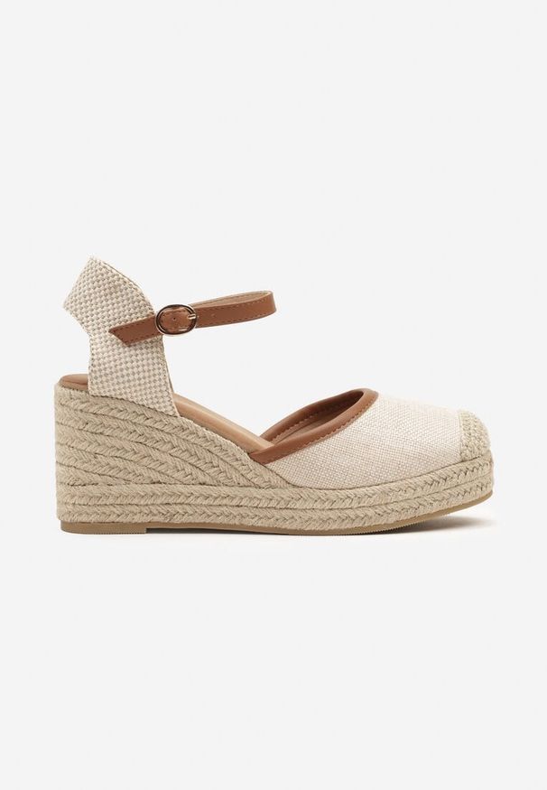 Renee - Beżowo-Brązowe Sandały Espadryle na Koturnie z Plecionki i Ozdobnym Noskiem Elanilis. Kolor: beżowy. Obcas: na koturnie