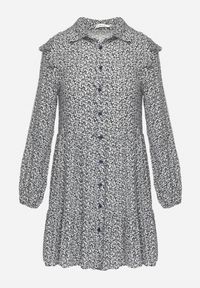 Born2be - Granatowa Rozkloszowana Sukienka Mini w Kwiaty z Falbankami na Ramionach Lorean. Okazja: na spacer, na imprezę. Typ kołnierza: kołnierz z falbankami. Kolor: niebieski. Materiał: materiał. Wzór: kwiaty. Sezon: lato. Styl: elegancki. Długość: mini #6