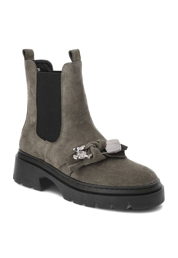 Zielone Botki Karino Modne Buty Damskie. Zapięcie: klamry. Kolor: zielony. Materiał: syntetyk, futro, welur, skóra. Sezon: zima, jesień. Styl: elegancki