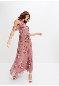 bonprix - Długa sukienka z siatkowego materiału z nadrukiem. Kolor: różowy. Materiał: materiał. Wzór: nadruk. Długość: maxi #1