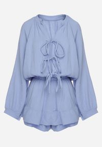 Born2be - Niebieski Wiązany Bawełniany Kombinezon Boho z Falbankami i Wiązaniem Lalelia. Kolor: niebieski. Materiał: bawełna. Sezon: lato. Styl: boho #4