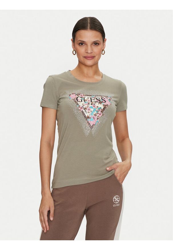 Guess T-Shirt Cherry Flower W4YI26 J1314 Zielony Slim Fit. Kolor: zielony. Materiał: bawełna